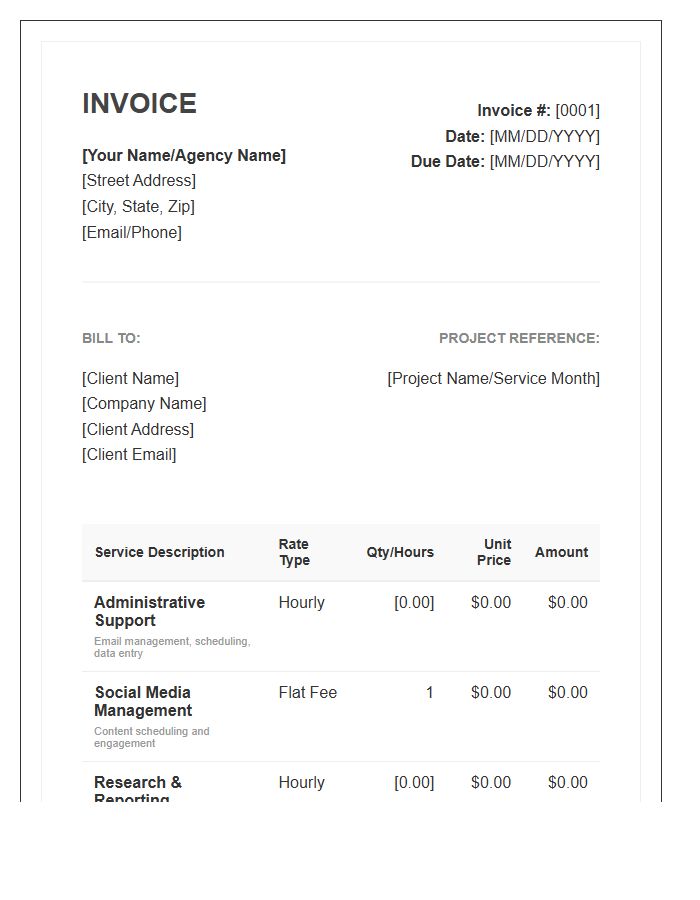 Detailed Virtual Assistant Administrative Billing Invoice Template