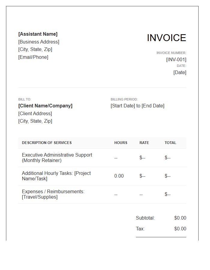Executive Assistant Monthly Billing Invoice Template
