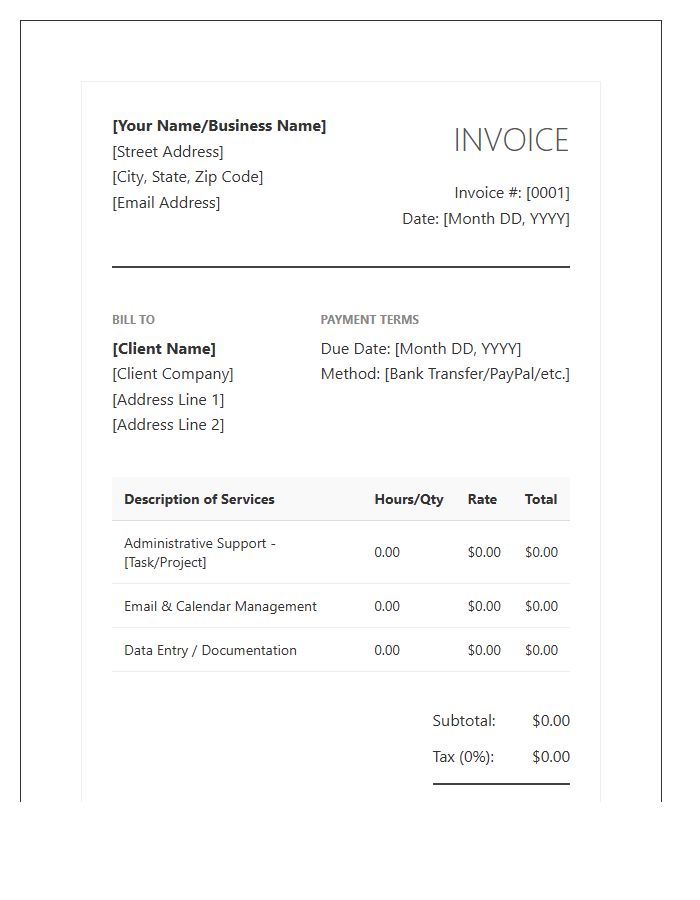Formal Administrative Support Virtual Assistant Invoice Template