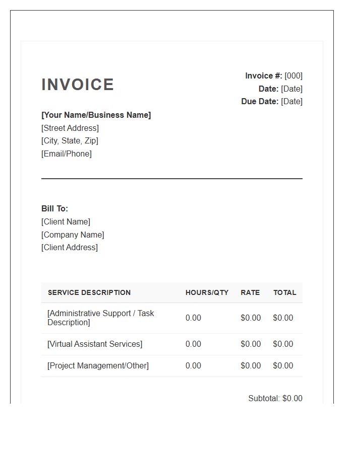Official Virtual Assistant Administration Support Invoice Template