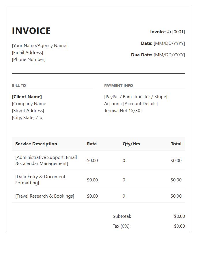 Online Personal Assistant Administrative Invoice Template