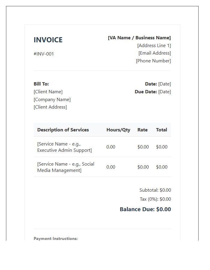 Professional Service Virtual Assistant Invoice Template