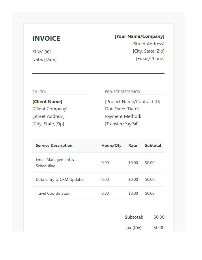 Professional Virtual Assistant Administrative Support Invoice Template