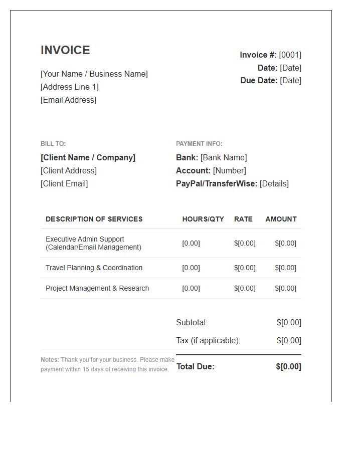 Remote Executive Assistant Work Invoice Template