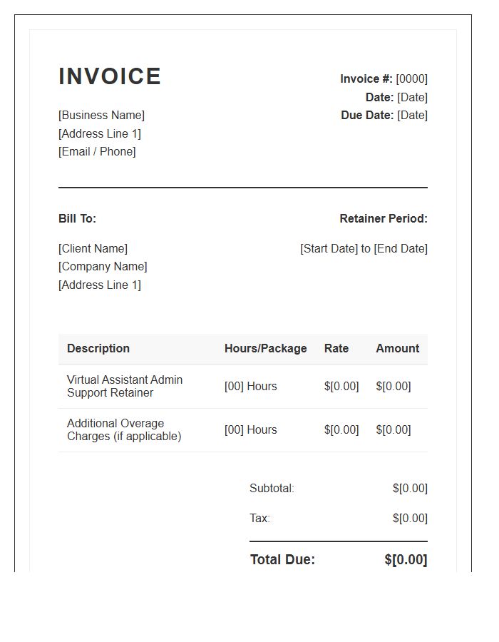 Virtual Assistant Administrative Support Retainer Invoice Template