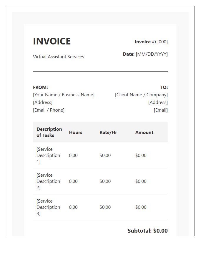 Virtual Office Assistant Hourly Billing Invoice Template