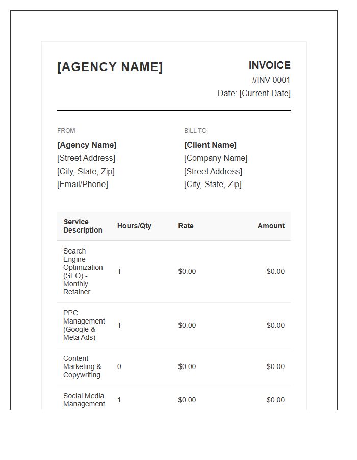 Digital Marketing Agency Monthly Invoice Template