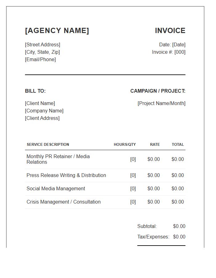 Public Relations Agency Invoice Template
