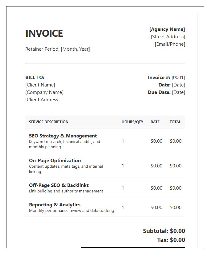 SEO Services Monthly Retainer Invoice Template