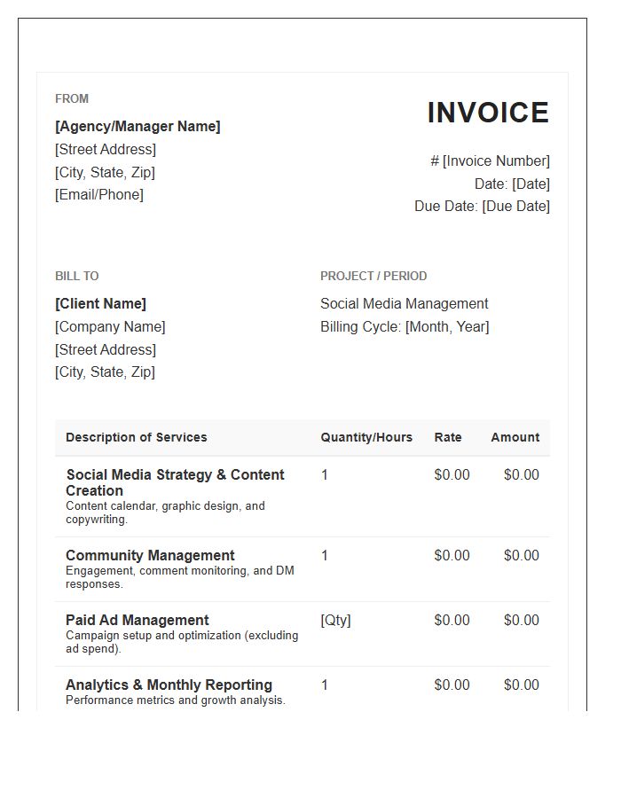 Social Media Management Monthly Invoice Template