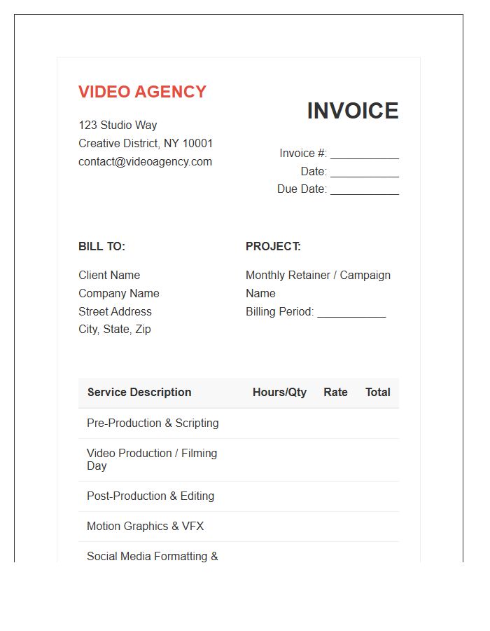Video Marketing Agency Monthly Invoice Template