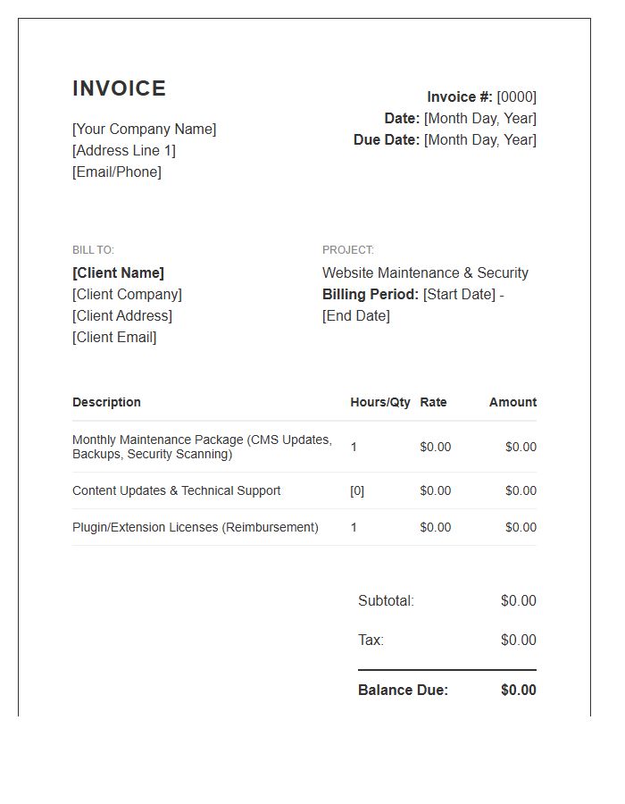 Website Maintenance Monthly Invoice Template