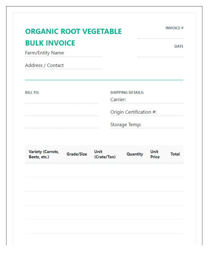 Organic Root Vegetable Bulk Invoice Template