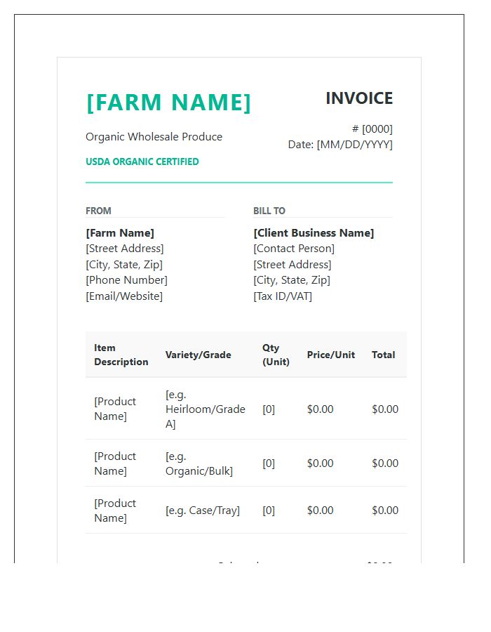 Professional Organic Produce Wholesale Invoice Template