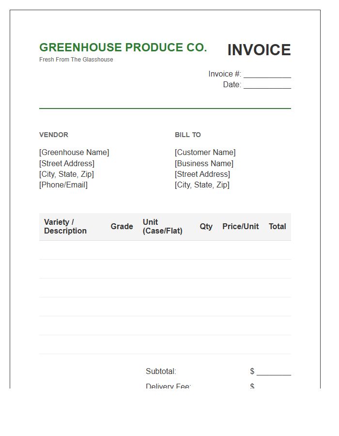 Wholesale Greenhouse Produce Order Invoice Template