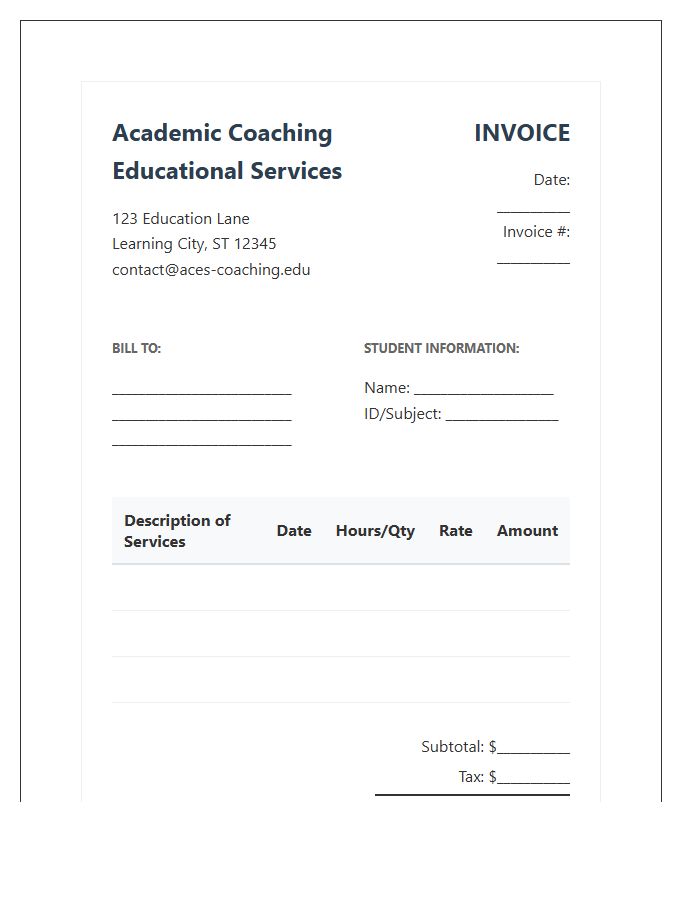 Academic Coaching Educational Services Invoice Template