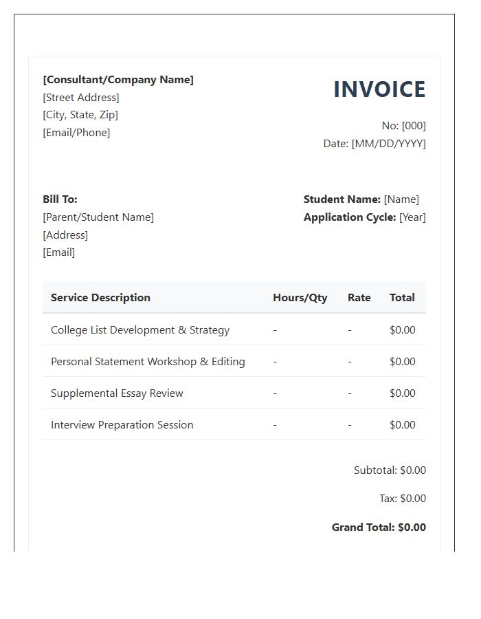 College Admissions Consultant Invoice Template