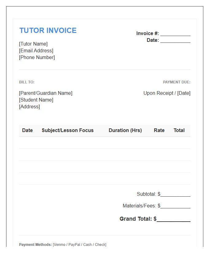 Elementary Level Tutor Invoice Template