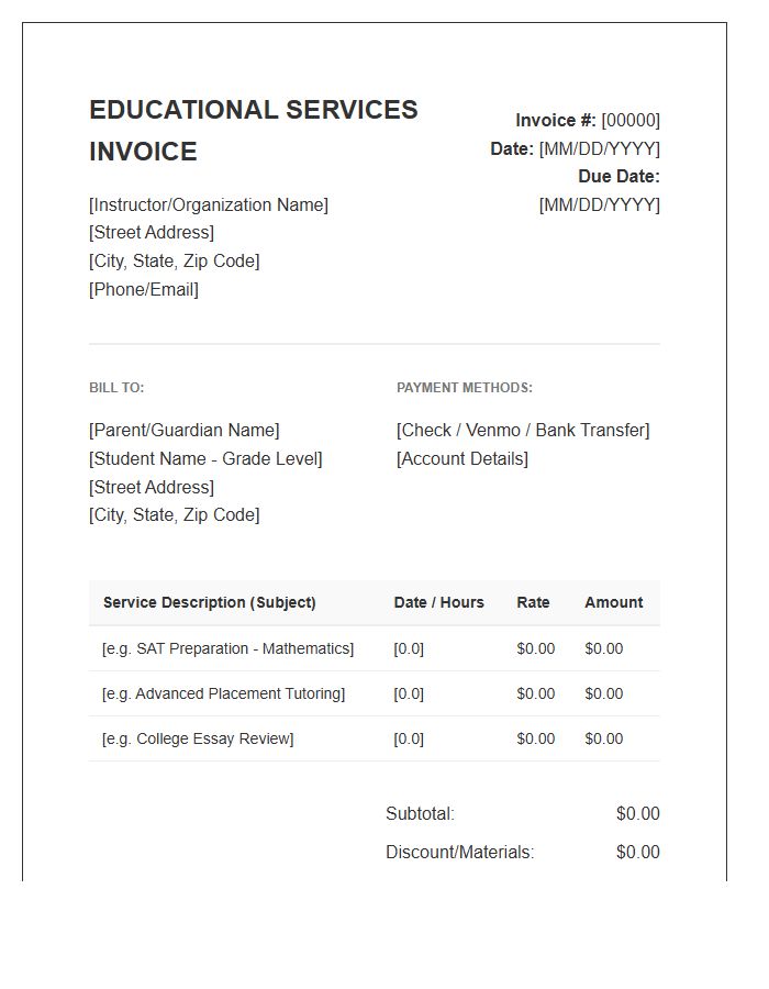 High School Educational Services Invoice Template