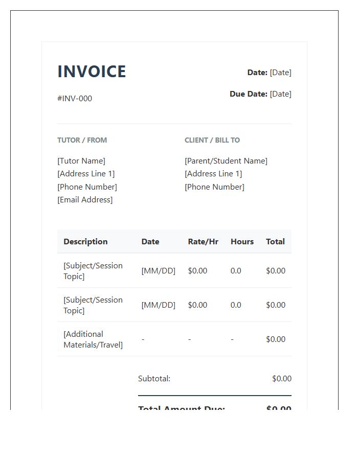 Home Tutoring Professional Invoice Template