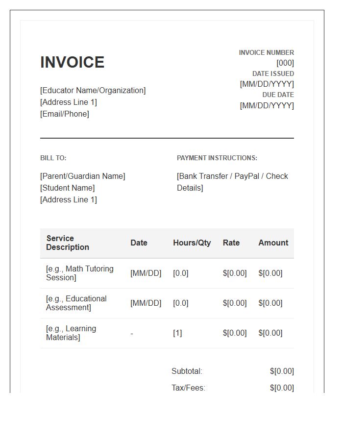 Individual Student Educational Services Invoice Template