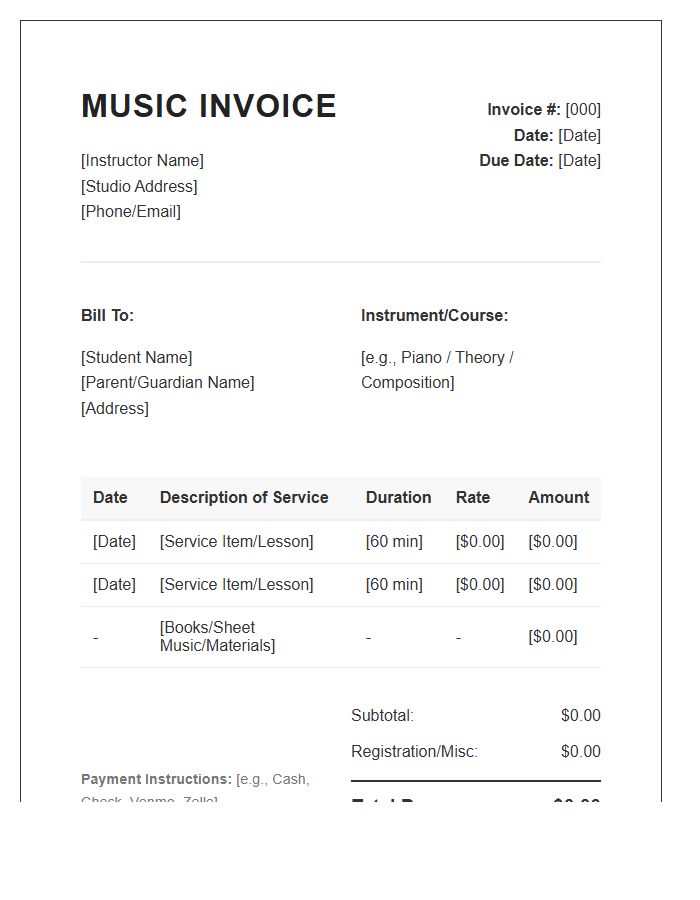 Music Instructor Educational Services Invoice Template