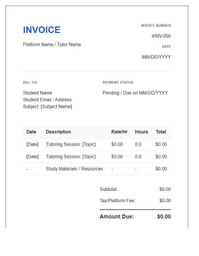Online Tutoring Platform Invoice Template