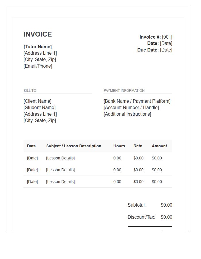 Private Tutor Hourly Rate Invoice Template