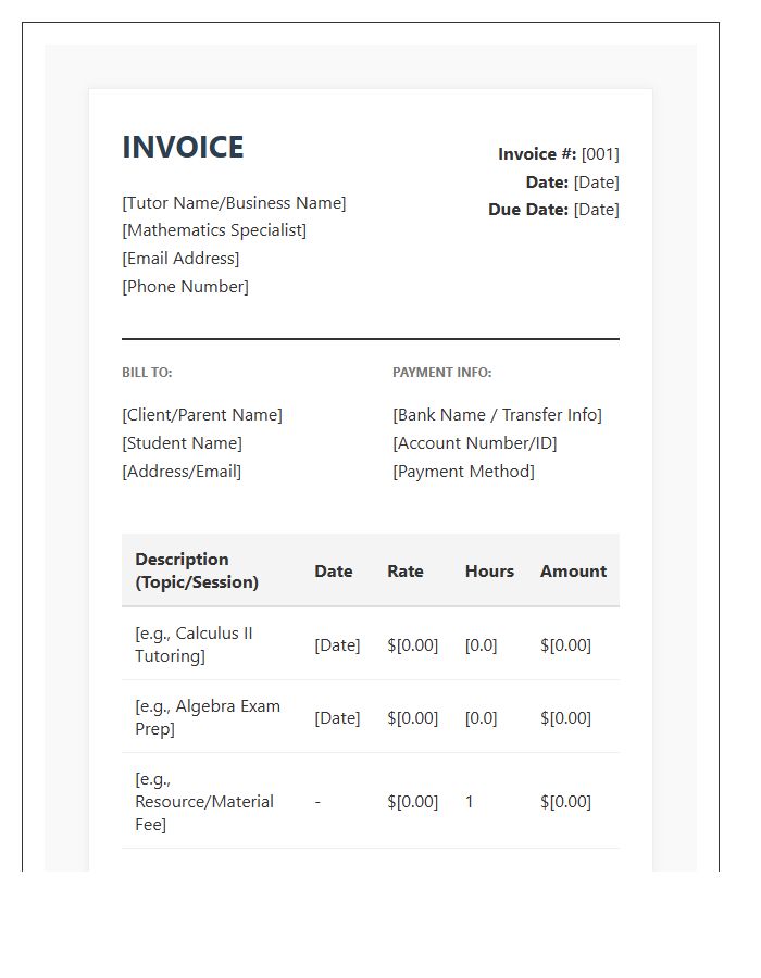 Professional Mathematics Tutor Invoice Template