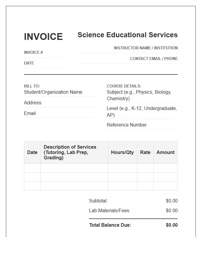 Science Subject Educational Services Invoice Template