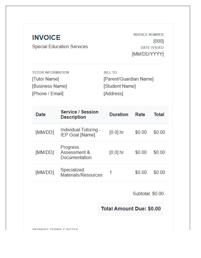 Special Education Tutor Invoice Template