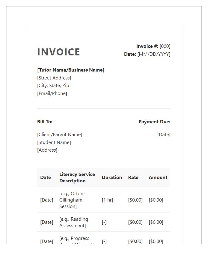 Specialized Literacy Tutor Invoice Template