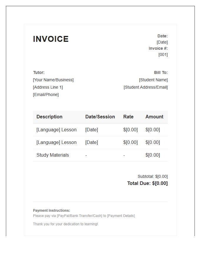 Standard Language Tutor Invoice Template