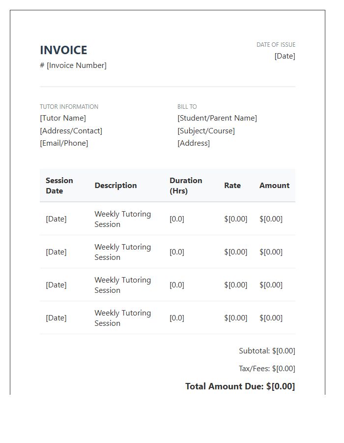 Weekly Tutoring Session Invoice Template