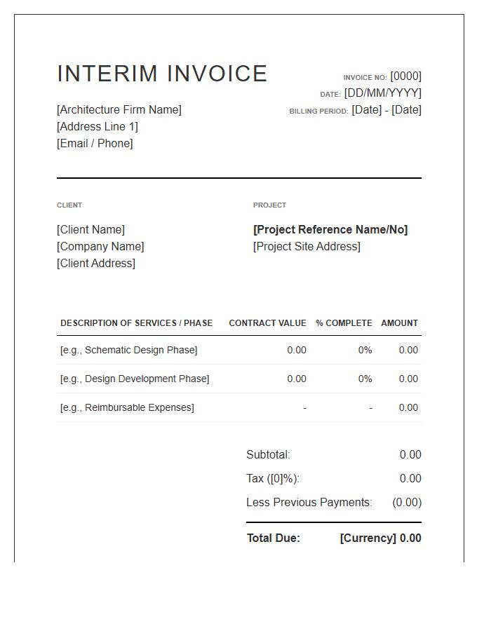 Architectural Project Interim Invoice Template