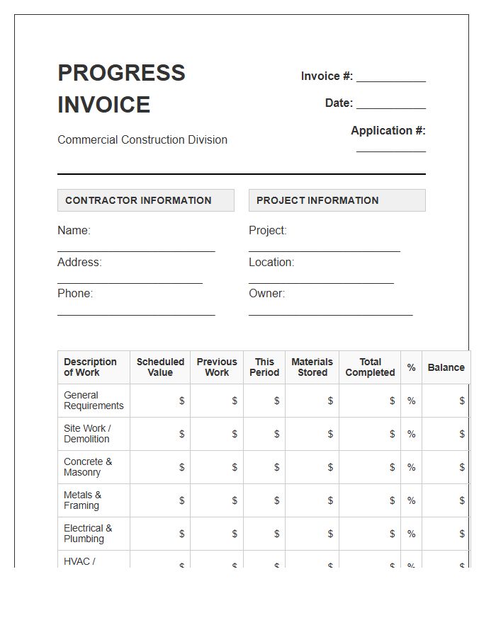 Commercial Construction Progress Invoice Template