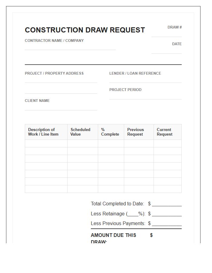 Construction Draw Request Invoice Template