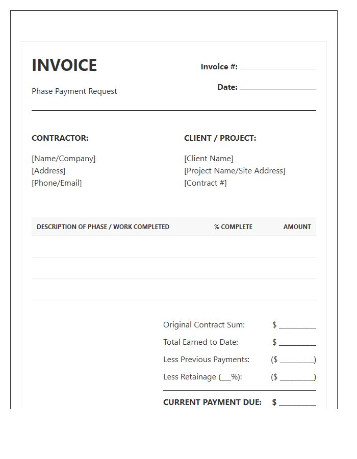 Construction Phase Payment Invoice Template