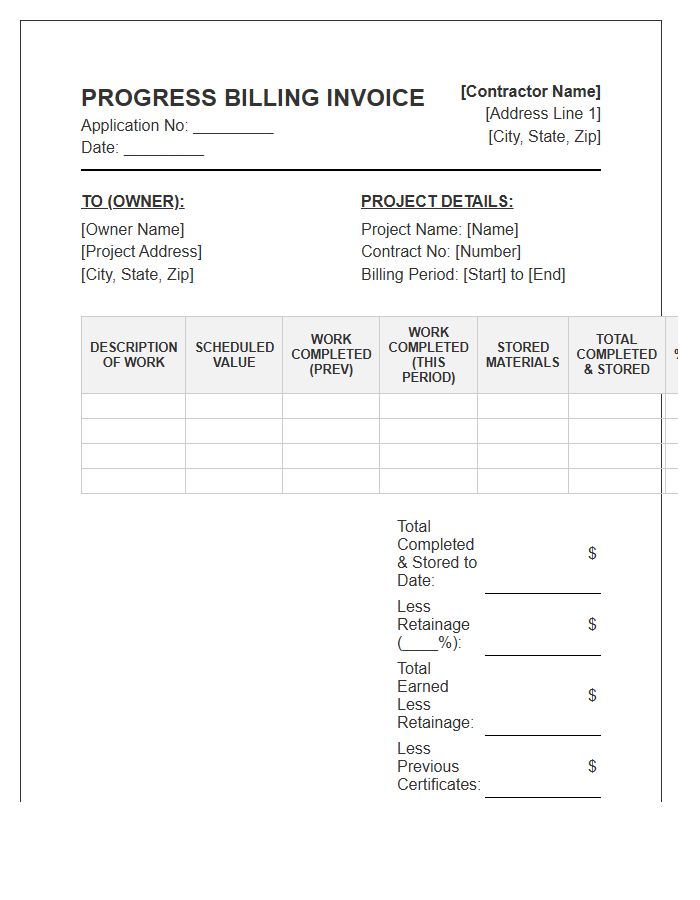 Interim Construction Progress Billing Invoice Template