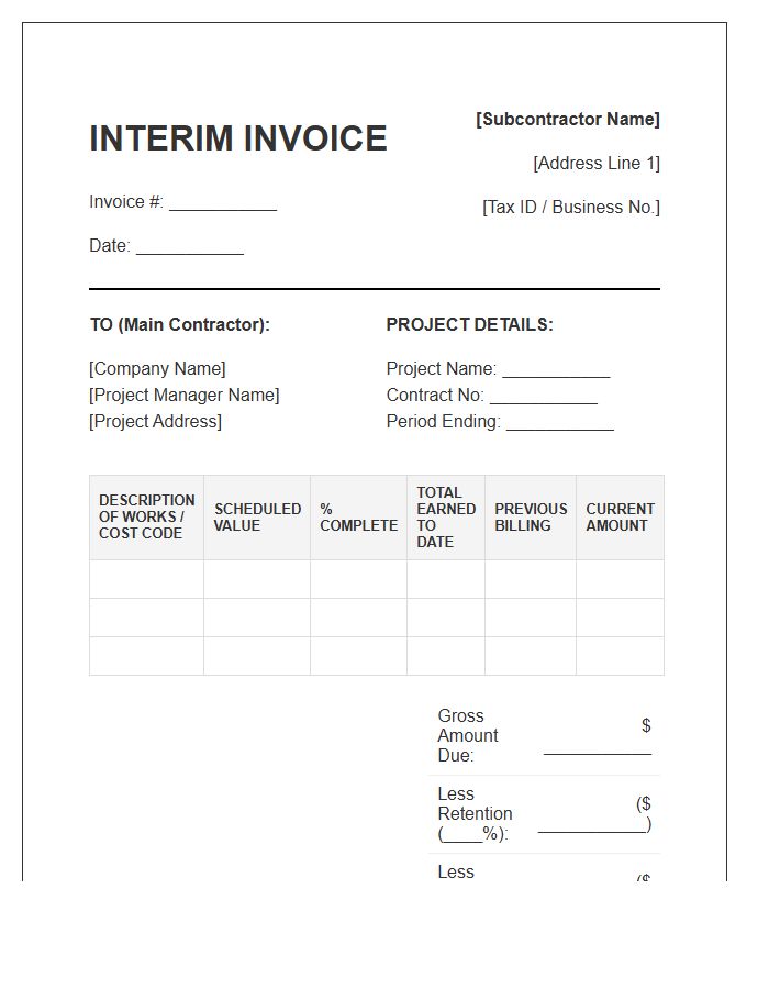 Subcontractor Monthly Interim Invoice Template