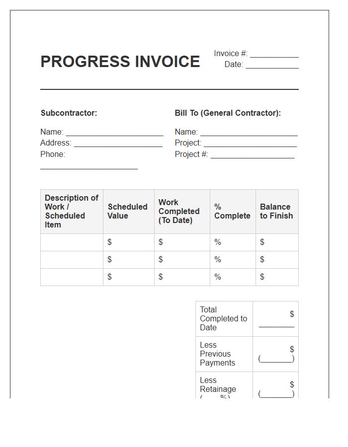 Subcontractor Progress Payment Invoice Template
