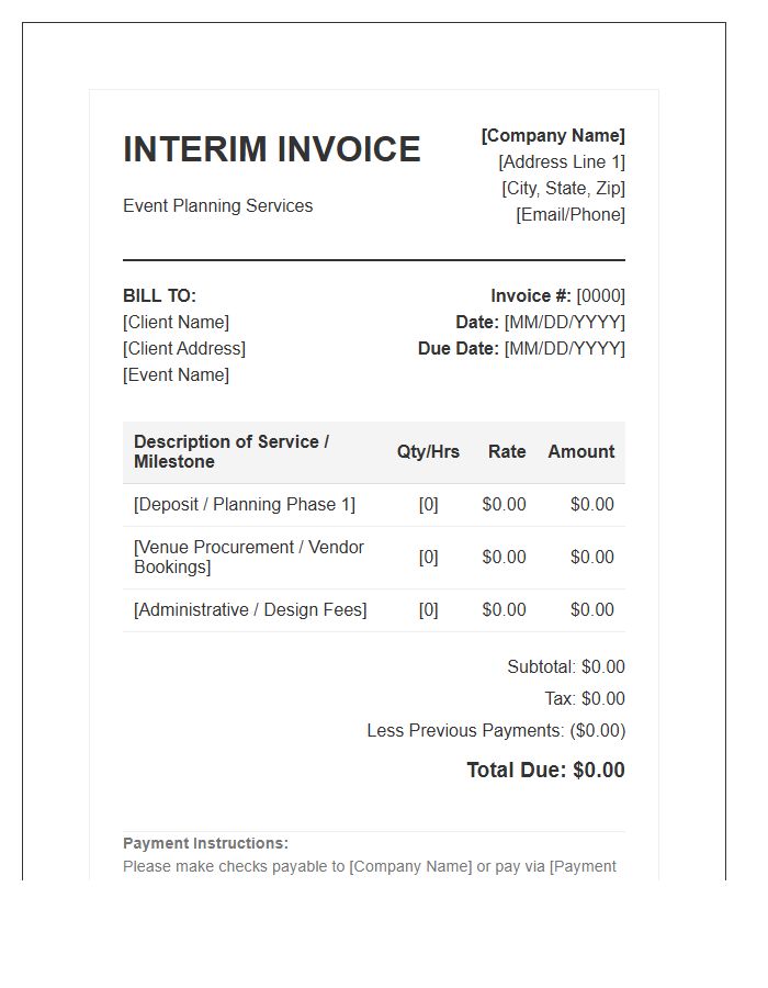 Event Planning Interim Invoice Template