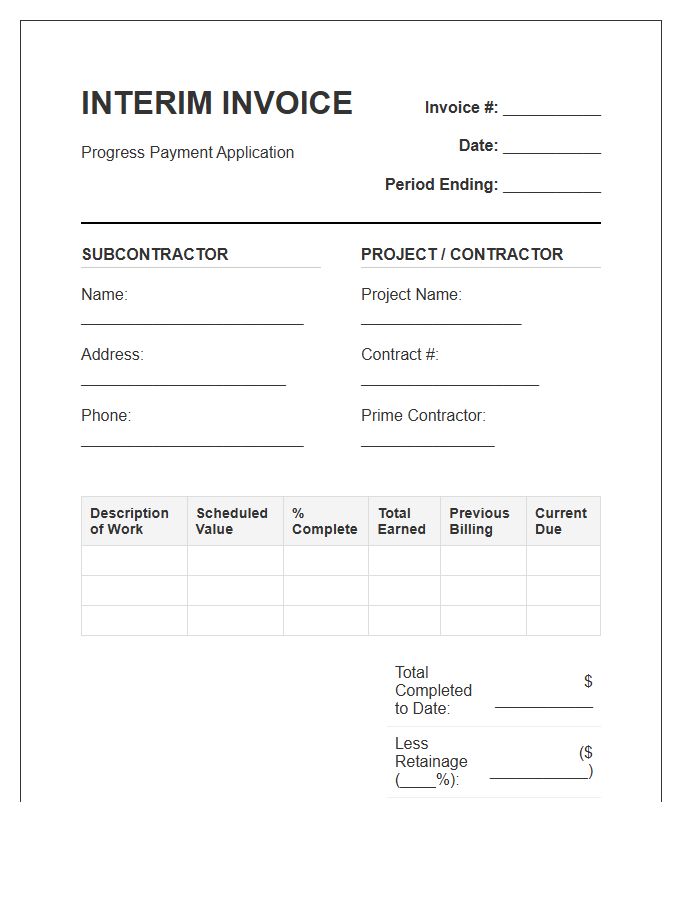 Subcontractor Progress Interim Invoice Template