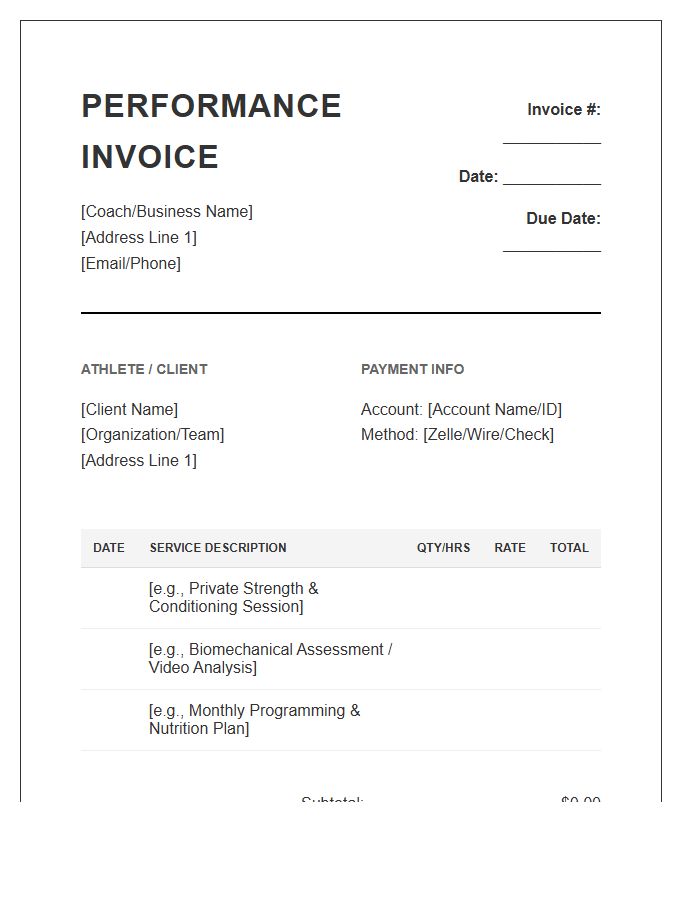 Athletic Performance Coach Client Invoice Template