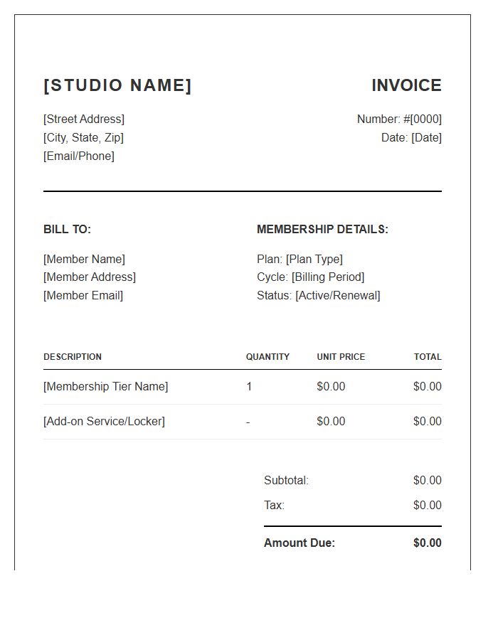 Boutique Fitness Studio Membership Invoice Template