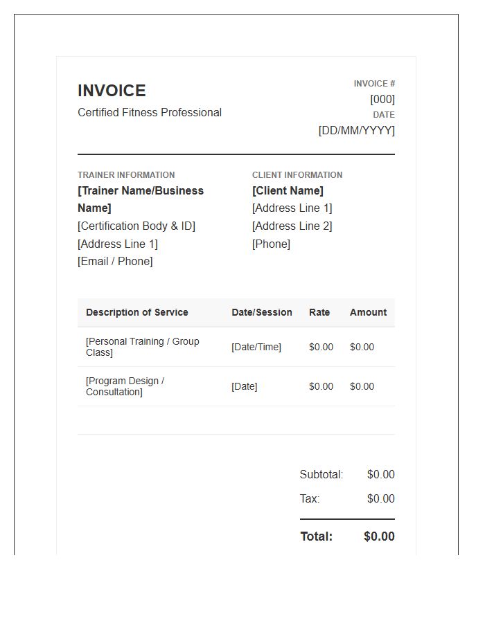 Certified Fitness Professional Session Invoice Template