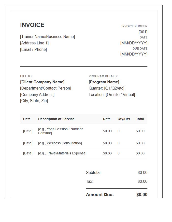 Corporate Wellness Program Trainer Invoice Template