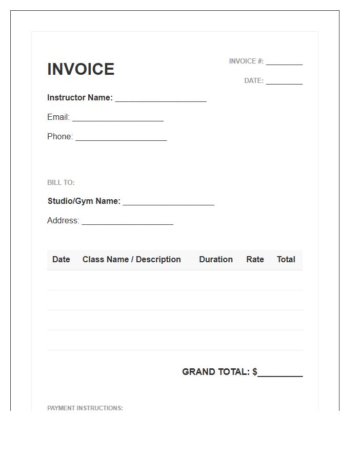 Group Fitness Class Instructor Invoice Template