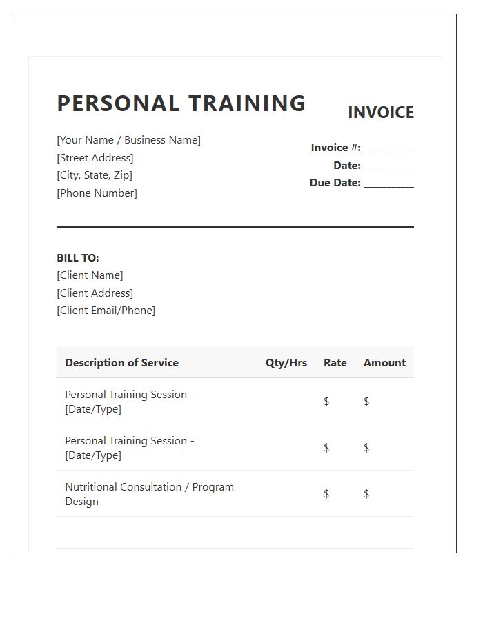 Home Personal Training Business Invoice Template