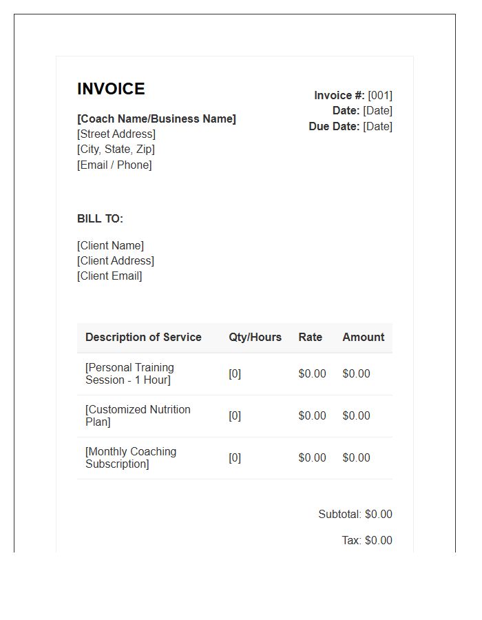 Independent Fitness Coach Billing Invoice Template
